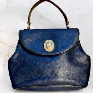 Vintage Dior Navy Textured Leather Top Handle Satchel with Black Piping